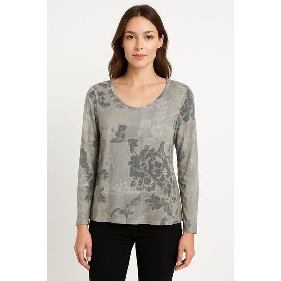 Chico's Tops - Chicos Metallic Floral Long Sleeve Top Gray Silver Stretch Sparkle Shrit L